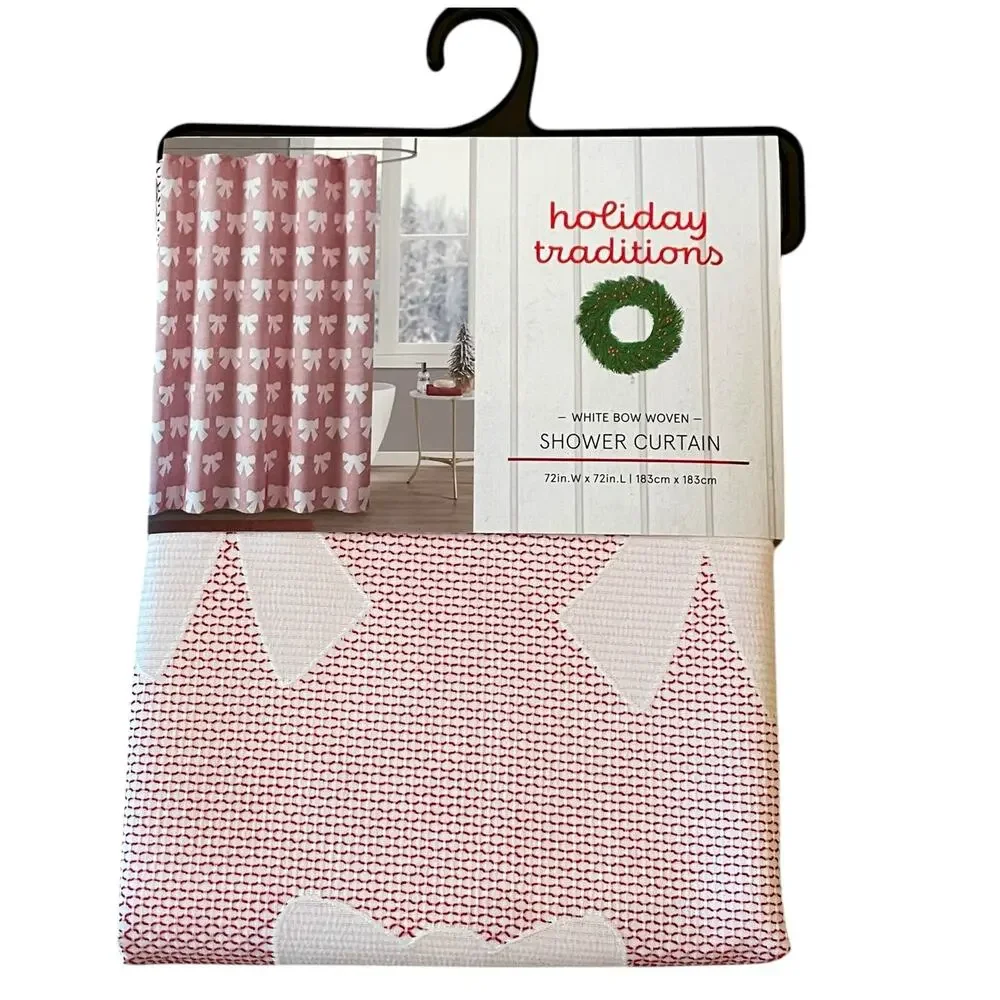 Holiday Traditions WHITE BOW Woven Shower Curtain 72x72 Red & White New